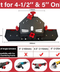 45 Degree Tile Chamfering Tool For 4.5 Inch And 5 Inch Grinders With Adjustable Base Plate, shown with measurement details