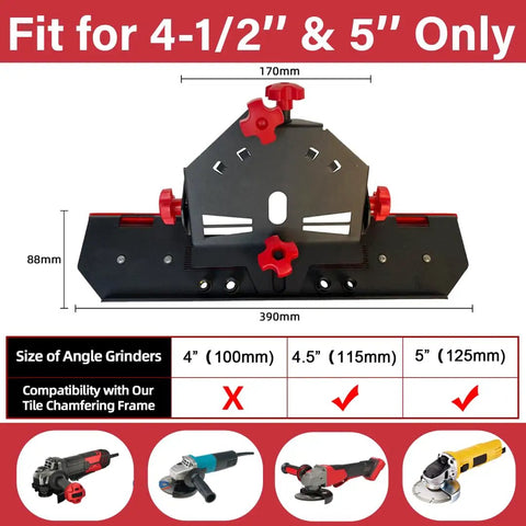 45 Degree Tile Chamfering Tool For 4.5 Inch And 5 Inch Grinders With Adjustable Base Plate, shown with measurement details