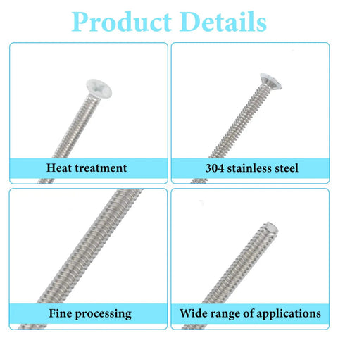Forty Pack Super Long Outlet Screws Two Inch Flat Head White Painted Stainless Steel Machine Threads For Electric Box Hardware Quick Fix Wonky And Sunken Wall Plates Built Tough close-up of stainless steel screws with flat heads and detailed threading.