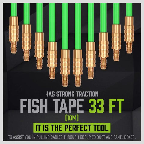 Nine brass threaded connectors of 33 Inch Fiberglass Electrical Fish Tape Kit with glow rods for running wires through spaces.