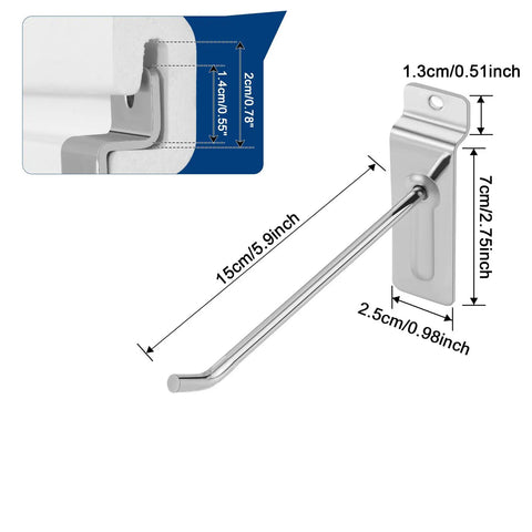 Heavy Duty 6 Inch Slatwall Hook in silver with 45° tilted anti-slip tip, dimensions labeled, designed for tool organization.