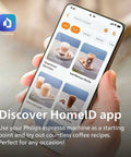 Fully Automatic Espresso Coffee Maker With LatteGo Milk Frother And Ceramic Grinder For Smooth Daily Brewing At Home shown on a smartphone app explore coffee recipes.