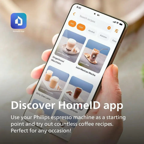 Fully Automatic Espresso Coffee Maker With LatteGo Milk Frother And Ceramic Grinder For Smooth Daily Brewing At Home shown on a smartphone app explore coffee recipes.