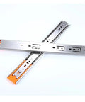 Heavy Duty Stainless Steel Drawer Slides Featuring Dang Smooth Soft Close System Over Three Section Full Extension Tracks in silver and orange.