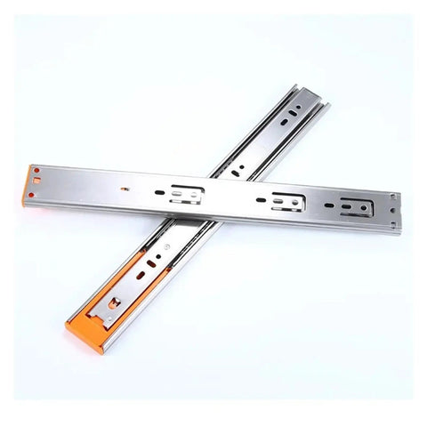 Heavy Duty Stainless Steel Drawer Slides Featuring Dang Smooth Soft Close System Over Three Section Full Extension Tracks in silver and orange.