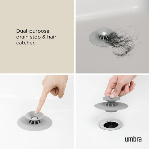 Dual Purpose Silicone Shower Drain Stopper And Hair Catcher Kills Sticky Pipe Buildup, 3 inch diameter in sleek grey with hair caught.