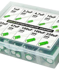 Non Polarized Audio Electrolytic Capacitor Assortment Kit For Prototyping And D I Y Repairs, 50 Pc Set With Values 1uF-220uF in labeled box