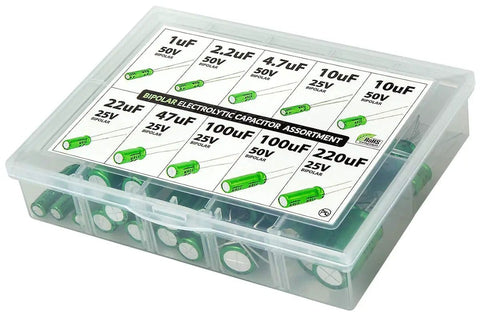 Non Polarized Audio Electrolytic Capacitor Assortment Kit For Prototyping And D I Y Repairs, 50 Pc Set With Values 1uF-220uF in labeled box