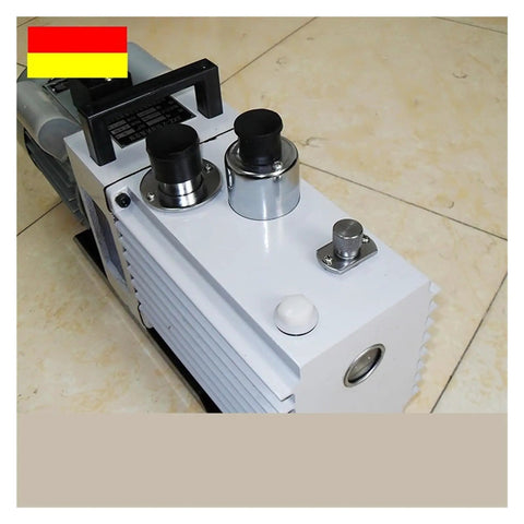 Straight Up Built Tough Two Stage Rotary Vane Vacuum Pump With Direct Coupled Motor And Gas Ballast Valve top view showing knobs and handle.