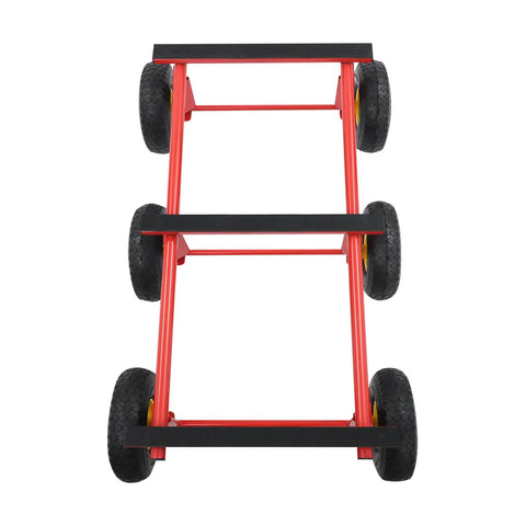 Heavy Duty Furniture Moving Cart With Smooth Rolling Inflatable Tires And Tough Steel Frame For Absolutely No Sweat Hauling Massive Couches And Appliances Through Doorways Or Driveways, showing top view of the cart's steel frame and inflatable tires.