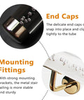 Close-up of end caps and mounting fittings for Wall Mount Clear Acrylic Railing Kit With Sleek Silver Brackets For Indoor Stairs And Decks.