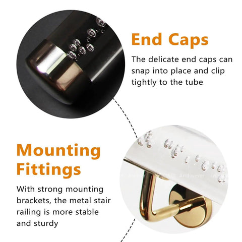 Close-up of end caps and mounting fittings for Wall Mount Clear Acrylic Railing Kit With Sleek Silver Brackets For Indoor Stairs And Decks.