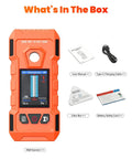 6-in-1 Stud Finder Wall Scanner, Electronic Wall Detector with accessories including manual and cable, orange design.