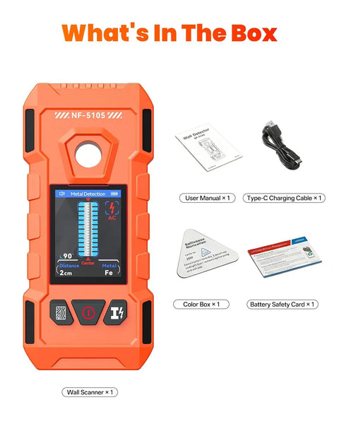6-in-1 Stud Finder Wall Scanner, Electronic Wall Detector with accessories including manual and cable, orange design.