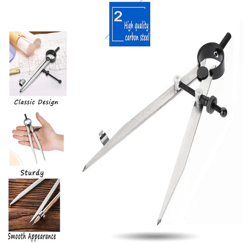 Robust Badass 12 Inch Heavy Duty Spring Divider Compass With Adjustable Metal Body And Secure Pencil Clip Engineered For Leather Craftsmanship Woodworking Projects on a wooden table.