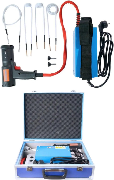 Handheld 1500W Induction Bolt Remover For Gunked Up Fasteners, accessories and case shown, ideal for quick removal of stuck bolts.