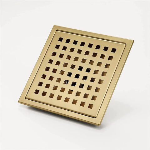 Top Shelf Six Inch Square Shower Floor Drain With Removable Grate And No Sweat Hair Catcher Rust Resistant Stainless Steel Bathroom Tile Drain Cover For Home Showers Matte Black Quick Flip in gold finish with square grid design.