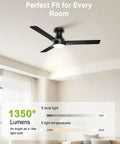42 Inch Ceiling Fan With Lights 3 Blades Low Profile Flush Mount Black Finish Dope Remote And App Control