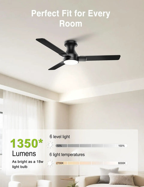 42 Inch Ceiling Fan With Lights 3 Blades Low Profile Flush Mount Black Finish Dope Remote And App Control