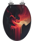 Elongated Slow Close Toilet Seat Replacement for Bathroom with colorful abstract art design and chrome hinges.