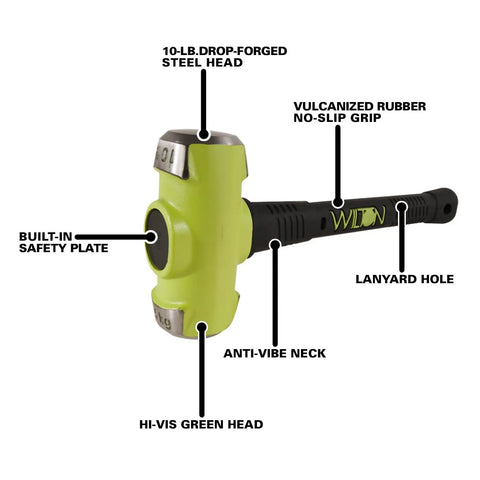 Heavy Duty 16 Inch Sledge Hammer With 10 Lb Drop Forged Head Hi Vis Steel Core Handle Unbreakable Handle Technology Anti Vibe Neck