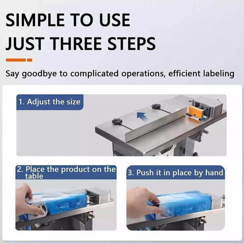 Semi-Automatic Desktop Labeling Machine With Touch Screen Control Precision Microcomputer System, showing three easy steps for use.