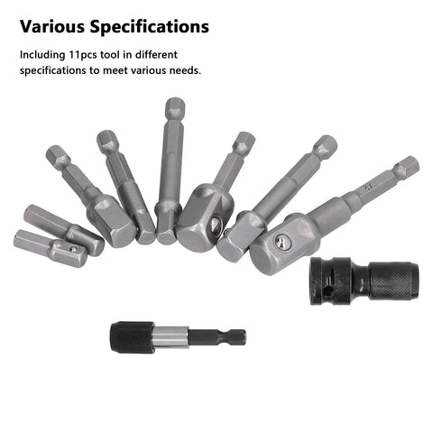 Sick 11 Piece Socket Adapter Kit With Hex Shank Square Head Connectors For Air Screwdriver And Electric Drill Made From Tough Chrome Vanadium Steel Featuring Super Self Locking Design To Stop Dropped Bits, 11-piece set