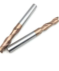 Top Shelf 2 Flute Carbide End Mill With HRC55 Tungsten Steel And Smooth Alloy Coating For CNC Woodworking, two tools displayed.