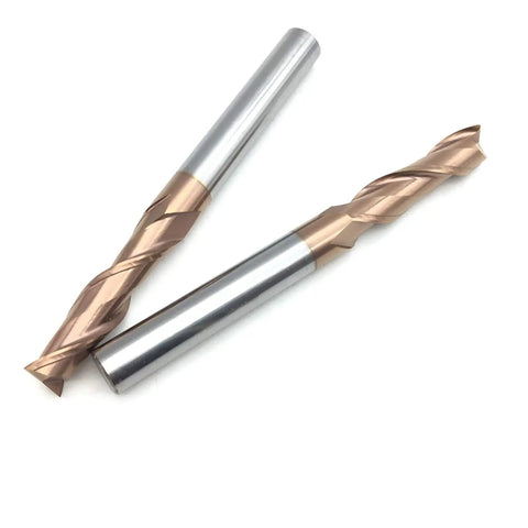 Alloy Coated Two Flute Carbide End Mill For HRC55 Hardness Pain Free CNC Wood Routing and clean plywood cuts, two pieces.