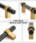 Collage of Ten Pack 3 Inch Hole Center Black And Gold Cabinet Pulls Matte Black Hexagon Bar With Brushed Gold Bases, multiple angles