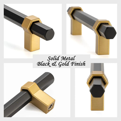 Collage of Ten Pack 3 Inch Hole Center Black And Gold Cabinet Pulls Matte Black Hexagon Bar With Brushed Gold Bases, multiple angles