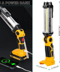 Rechargeable 2000 Lumen Work Light With 3 Modes and USB A Charging Port, shown in upright position with dimensions