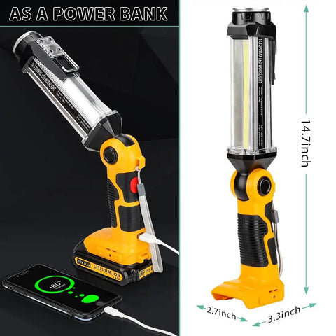 Rechargeable 2000 Lumen Work Light With 3 Modes and USB A Charging Port, shown in upright position with dimensions
