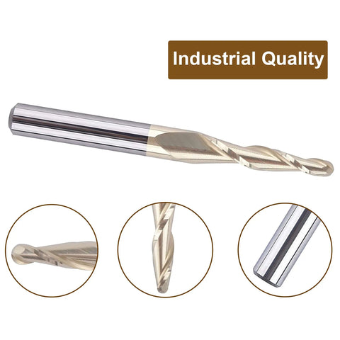 Tapered Ball Nose End Mill One Quarter Inch Shank With One Sixteenth Inch Radius For 3D Carving Engraving Router Bit ZrN Two Flute Carbide Cutter For CNC Routers High Precision Tool
