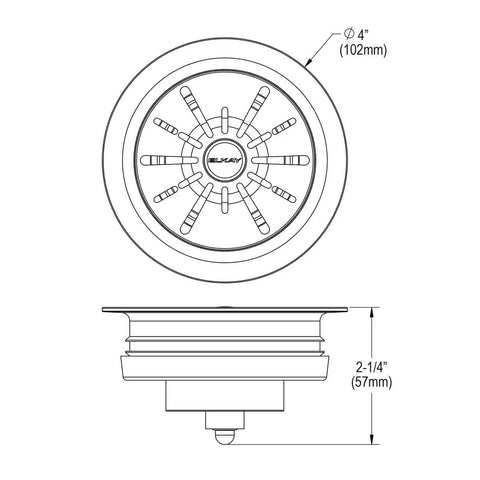 Technical diagram of Quartz Color Matched Disposer Flange With Removable Basket Strainer And Rubber Stopper 3-1/2 Inch Polymer Drain.