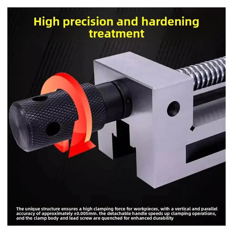 Close-up of Dead Center Right Angle Parallel Vise For Precision Milling Machines showing knurled handle and precise clamping mechanism.