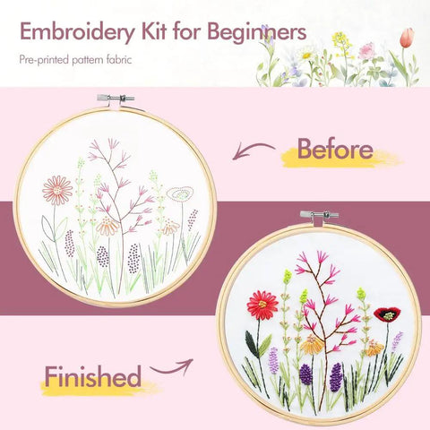Four Pack Embroidery Kit For Beginners And Adults DIY Starter Set With Flower Patterns Cross Stitch Includes Embroidery Hoop Tools
