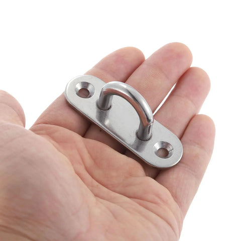 20 Pack 304 Stainless Steel Pad Eye Plate U Hooks Badass Heavy Duty 2.4 Inch Marine Boat Garage showing a hook in hand.