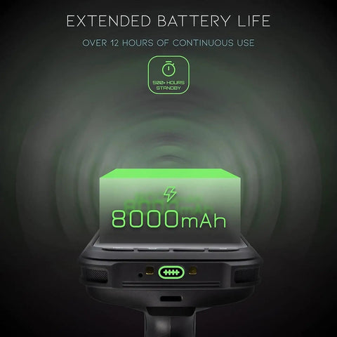 Ultra Rugged Android Barcode Scanner With Pistol Grip, 8000mAh battery detail, highlighting extended battery life