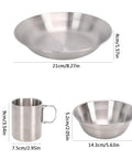Portable Stainless Steel Camping Mess Kit With Double Layer Cup And Thickened Bowl And Plate, Knife Fork Spoon Utensils Set, Organizer Bag For Camping Picnics And Beach Trips, showing bowl, cup, and plate dimensions