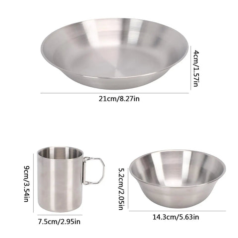 Stainless Steel Camping Mess Kit With Plates Bowls Double Layer Vacuum Cups Knives Forks Spoons And Storage Bag, sizes detailed