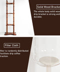Close-up of solid wood bracket and filter cloth for Retro Wood And Glass Cold Brew Tower Featuring Adjustable Stainless Steel Valve For Slow Ice Extraction Made For Crews Craving That Ultra Smooth Killer Cold Coffee Fix.