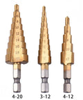 Hex Shank Quick Change Step Drill Bit Set One Quarter Inch Shank HSS Titanium Coated Spiral Grooved Bits 3-12mm 4-12mm 4-20mm