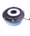 Angled top view of round electromagnetic brake motor with blue housing, four mounting studs, splined shaft and power lead