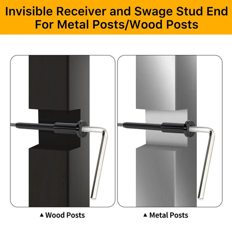 Pack Of 50 One Eighth Inch Black T316 Stainless Steel Invisible Cable Railing Kit With Swage Stud Ends for wood and metal posts