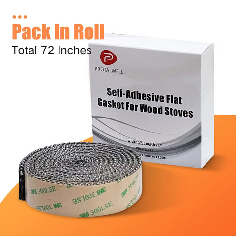 Front view: Protalwell self-adhesive fiberglass stove gasket roll, 1 in × 72 in, beside its box