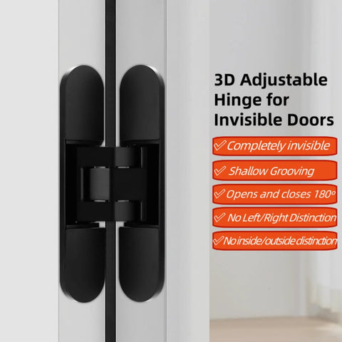 Close-up of Hidden Door Hinges 6 Inch Heavy Duty Concealed 180 Degree Swing 3 Way Adjustable Butt Hinges for Wooden Doors Black Finish