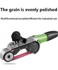 Handheld Electric Belt Sander Metal Pipe Tubing Circular Grinder Polish Tool Kicks Away Gnarly Rust And Weld Scars Fast Delivers A Glassy Smooth Finish On Wood Steel And Aluminum For Weekend Warriors And Pros, close-up of power unit.