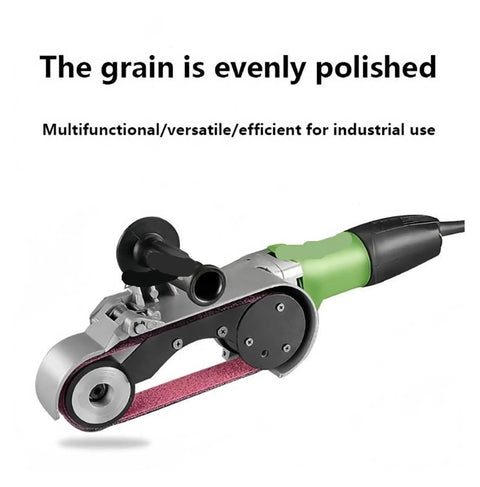 Handheld Electric Belt Sander Metal Pipe Tubing Circular Grinder Polish Tool Kicks Away Gnarly Rust And Weld Scars Fast Delivers A Glassy Smooth Finish On Wood Steel And Aluminum For Weekend Warriors And Pros, close-up of power unit.