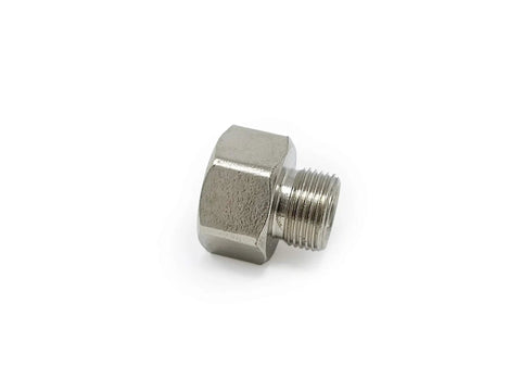 Close-up of the adapter from Six Foot Stainless Steel Braided Dishwasher Hose Installation Kit With Three Eighths Inch Compression Connections And Three Quarter Inch Garden Hose Female Swivel Elbow Adapter Burst Proof Water Supply Line For Most Dishwashers.
